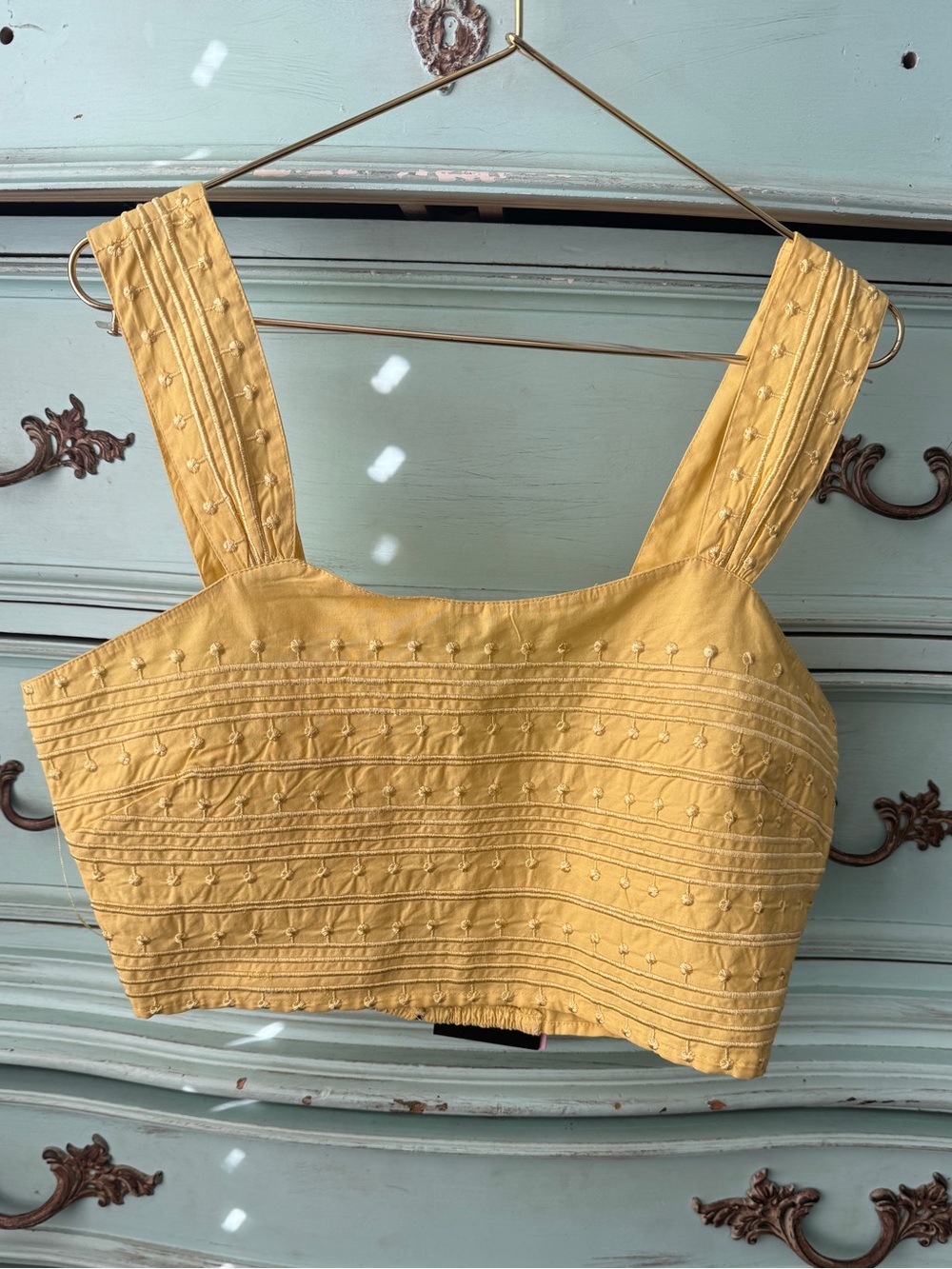 Avec Les Filles Mustard Yellow Embroidered Square Crop Top